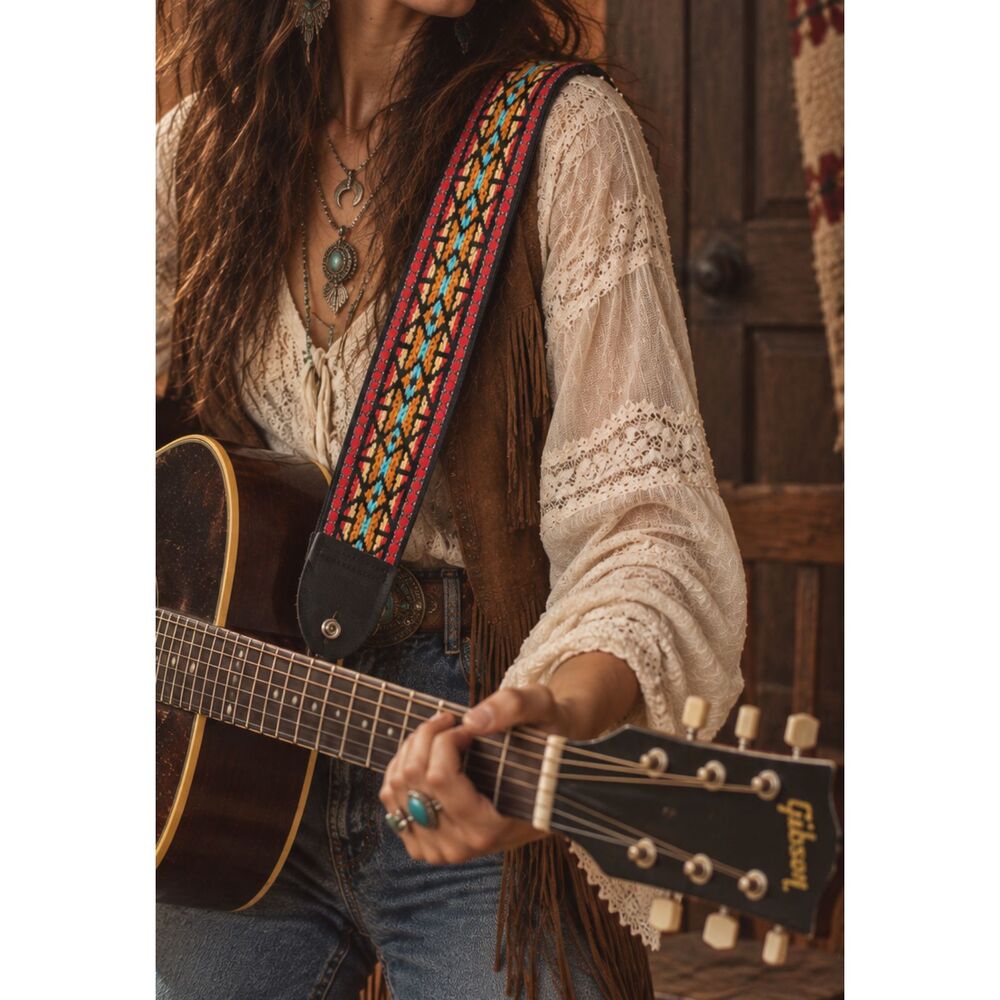 Vintage Bobby Lee Guitar Strap Hippie Boho Psychedelic Red Blue Leather USA